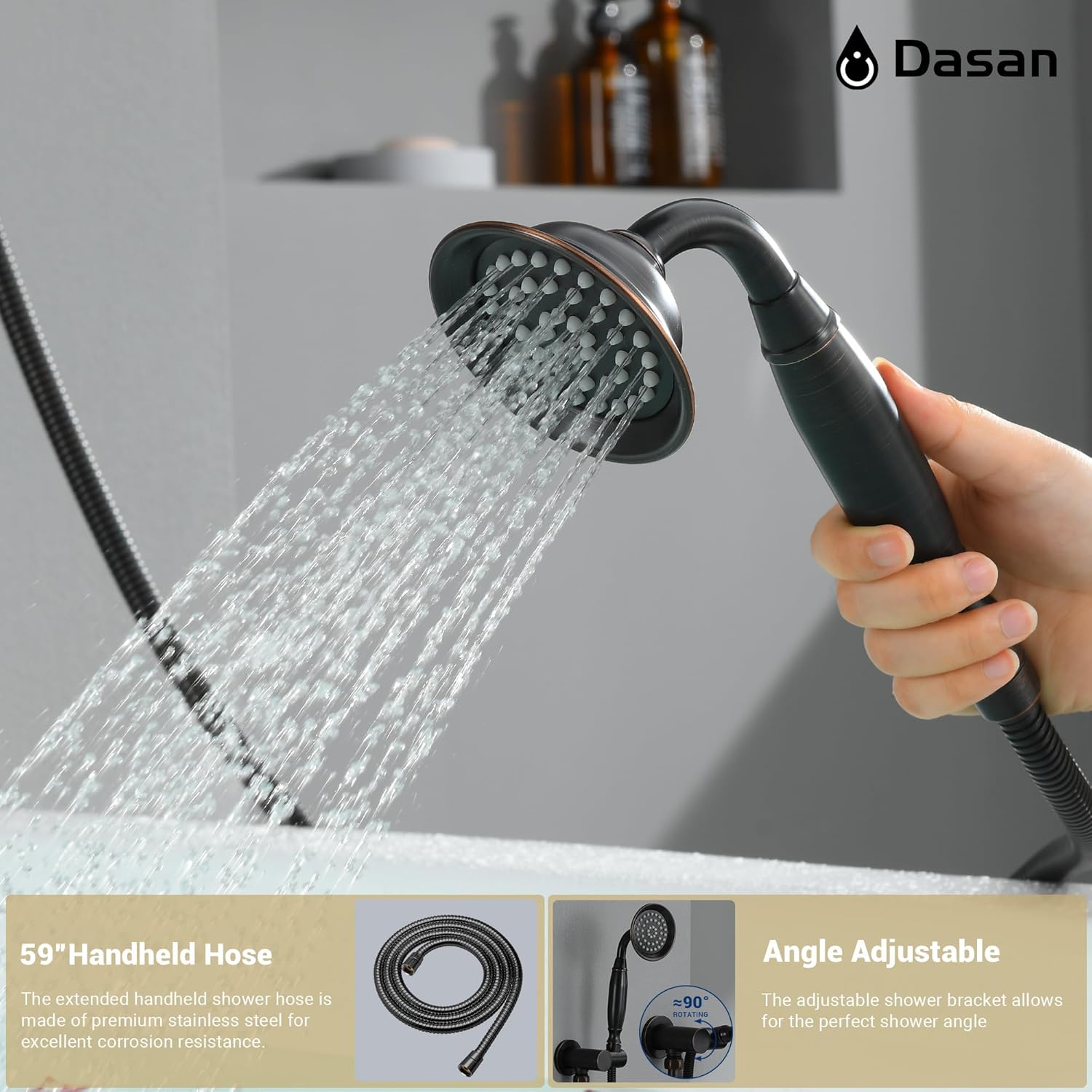 DASAN Oil Rubbed Bronze Shower System with Tub Spout, Tub and Shower Faucet Combo Set with Valve & Trim Kit Bathtub Shower Faucet Set Bathtub Shower System with Rainfall Shower & Handheld, AT309W-ORB