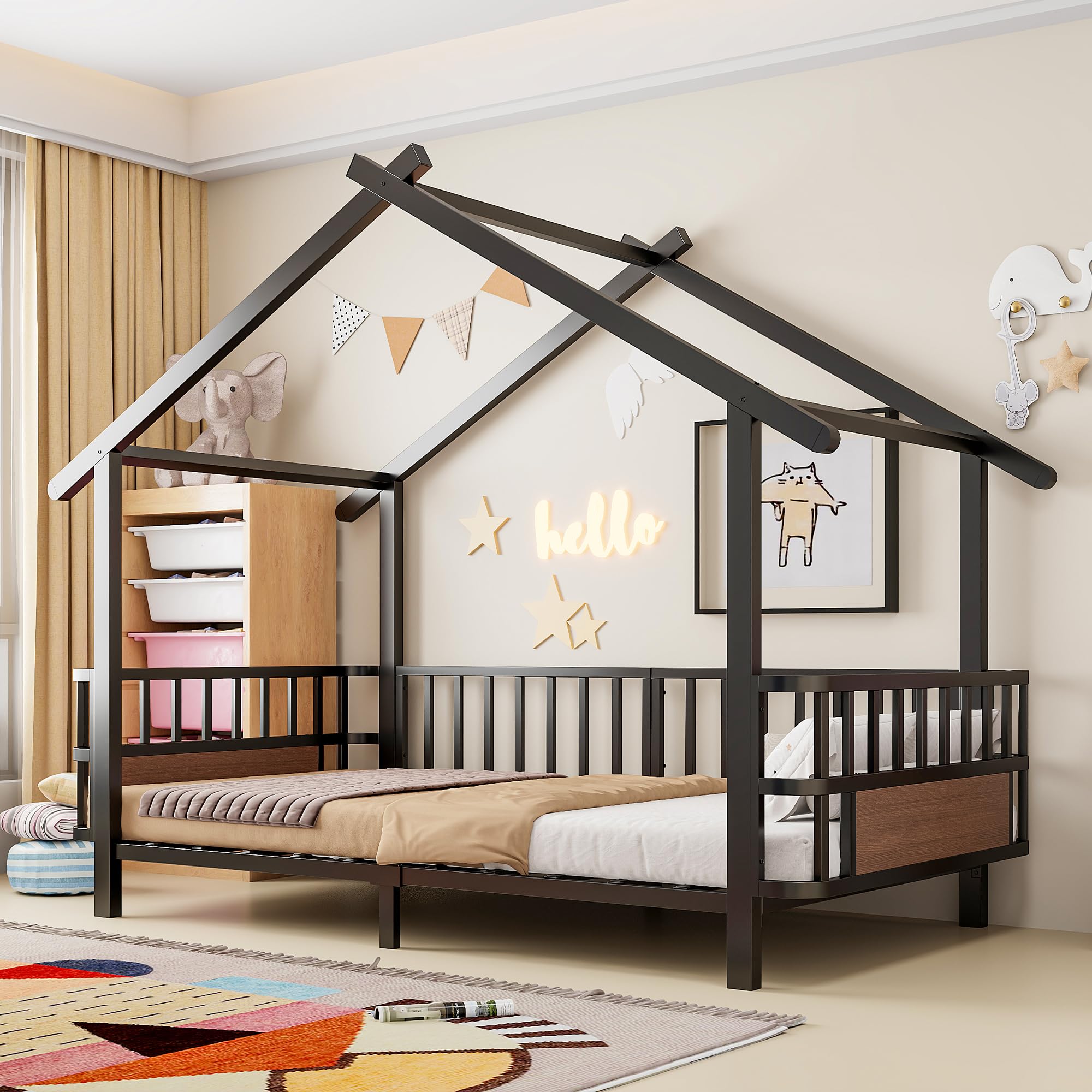 Merax Kinderbett aus Metall in Hausform 90x200 cm mit Sicherheitsgitter & Dachdesign – Schwarz (Ohne Matratze)