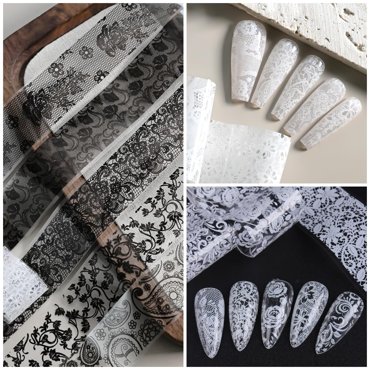 Nail Foil Art Kit, Lace Nail Art Foil Transfer Stickers Black White Flower Foil Transfers Sticker Decals, Foil Transfer Gel Soak Off Salon DIY 15ML(0.5 fl.oz)