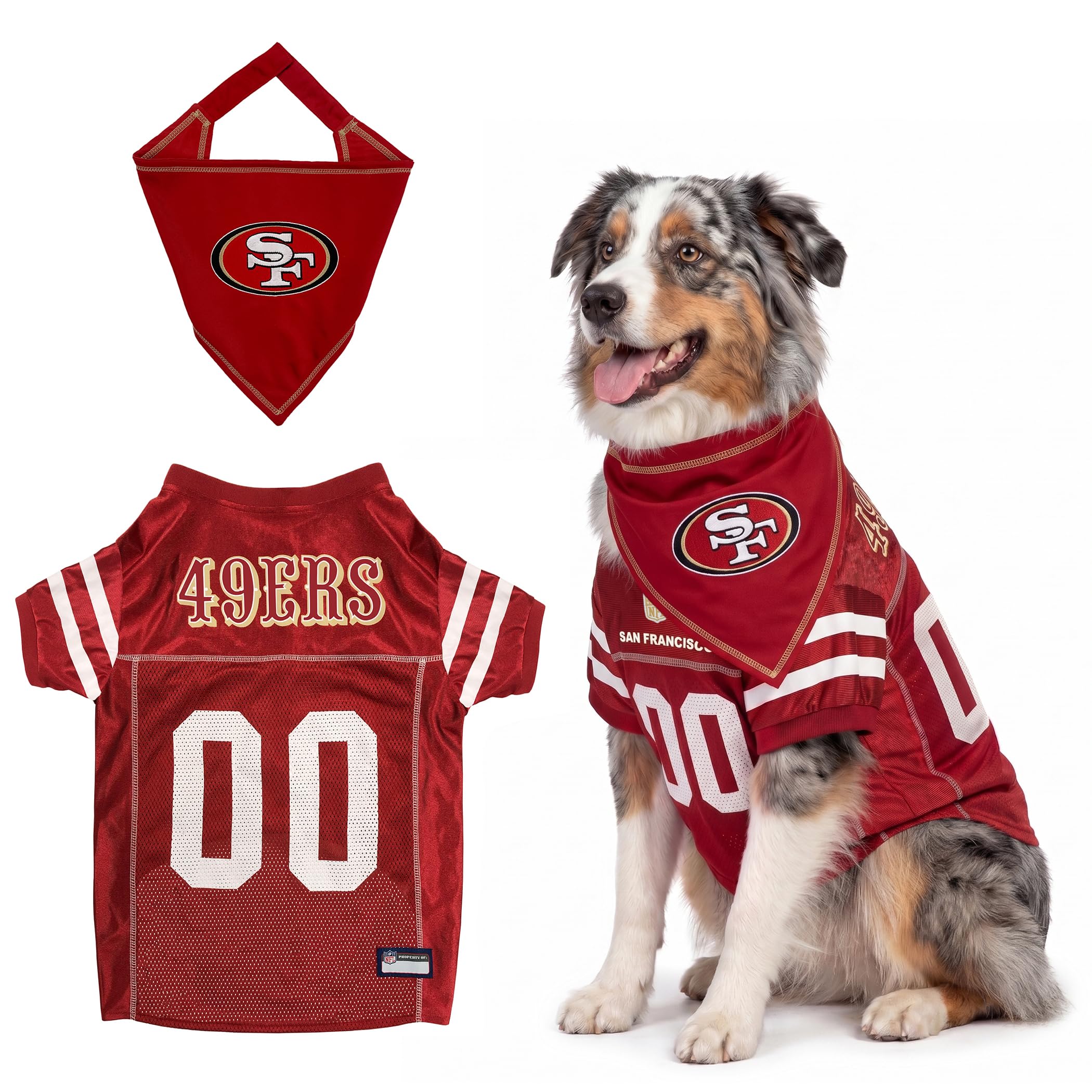Pets First NFL San Francisco 49ers Dog Jersey with Coordinated Tie Bandana Included, Size Large Official NFL Pet Apparel, Breathable Mesh, Durable, Team Logo Design, Dog Sports T-Shirt — image 1