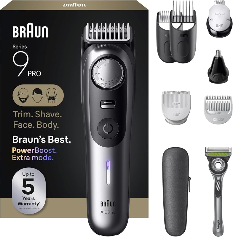 Cortapelos eléctrico todo en uno Series 9 PRO para hombre, cortapelos, afeitadora y maquinilla de afeitar para rostro, cabello y cuerpo, AIO 9550 con maquinilla de afeitar Gillette Labs, inalámbrico
