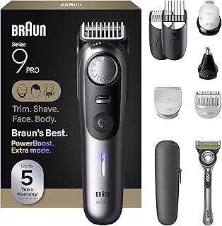 Braun Kit da barba all-in-one da uomo, serie 9 AIO 9550, barba, viso, naso, tagliaorecchie, tagliacapelli, body groomer e manscaping