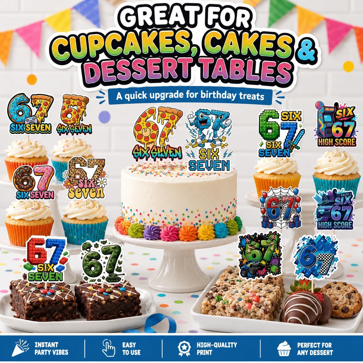 6th & 7th Birthday Cupcake Toppers, Age 6 Age 7 Birthday Decorations, Pixel Racing Dinosaur Building Block Theme Cake Picks for Birthday Party Dessert Table Supplies image 5