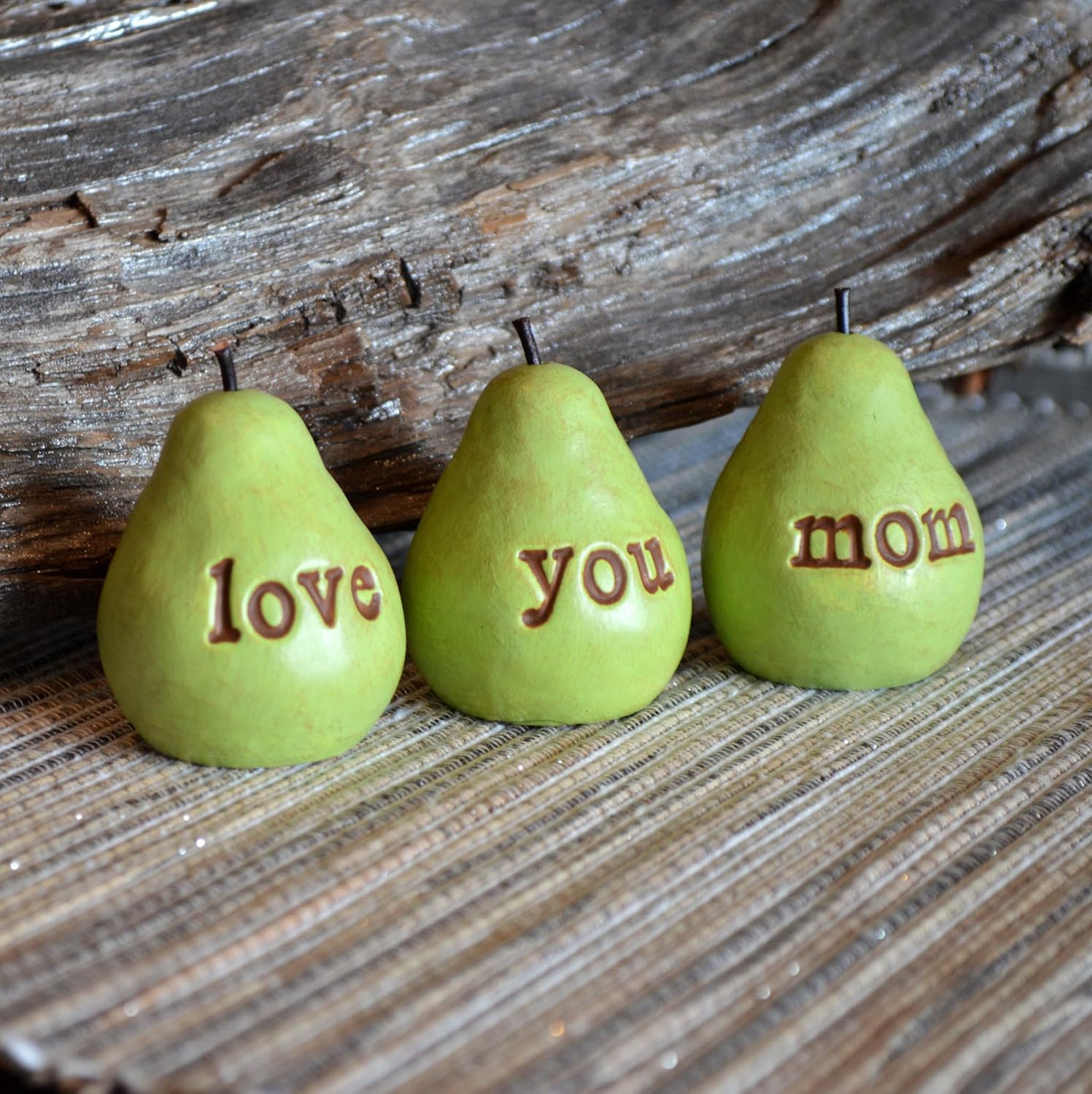 Gift for Mom, Set of 3 Vintage Green Love You Mom Pears, Kitchen Shelf Home Decor for Birthday and Mother's Day Figurine Sculpture Art