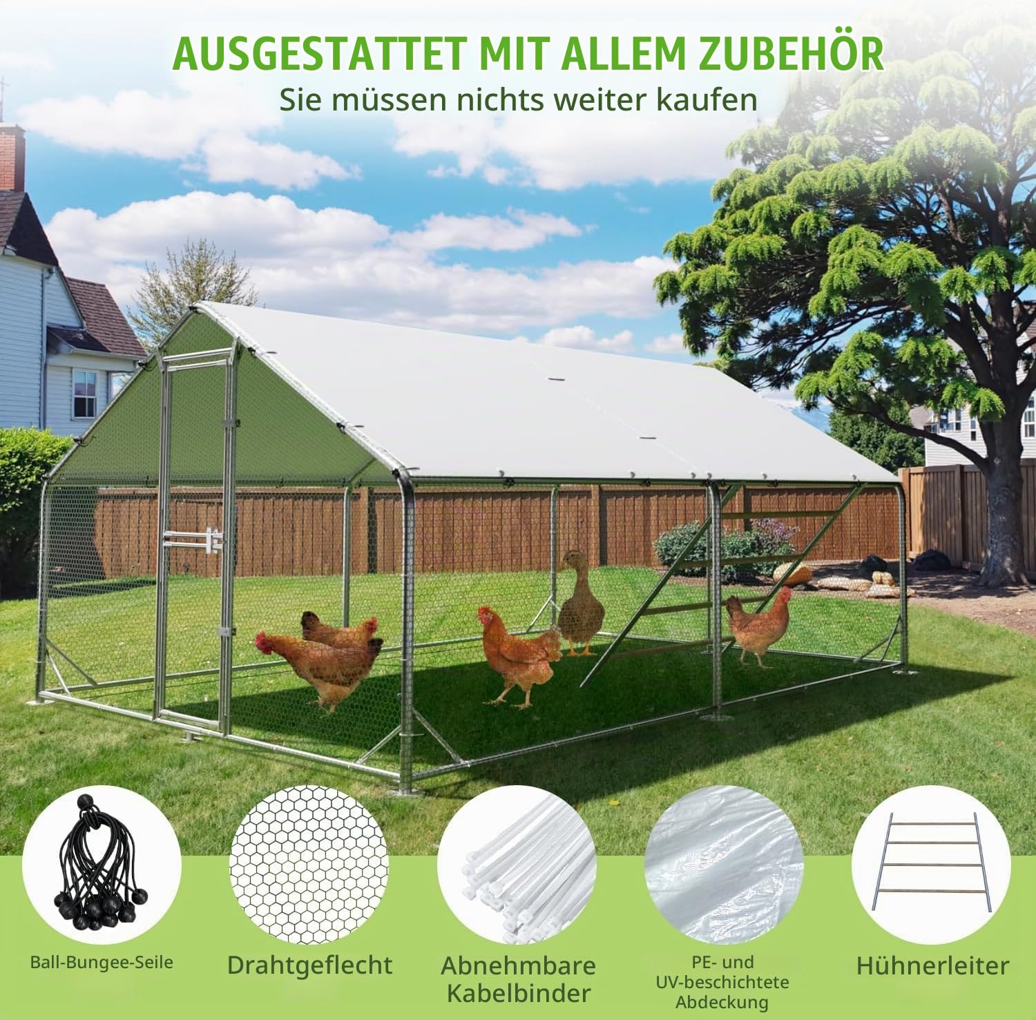 Großer Hühnerstall aus Metall 3x2x2m mit Dachabdeckung Hühnergehege für Garten Wetterfestes Freigehege für 6 bis 10 Hühner mit Zubehör und Sitzleiter