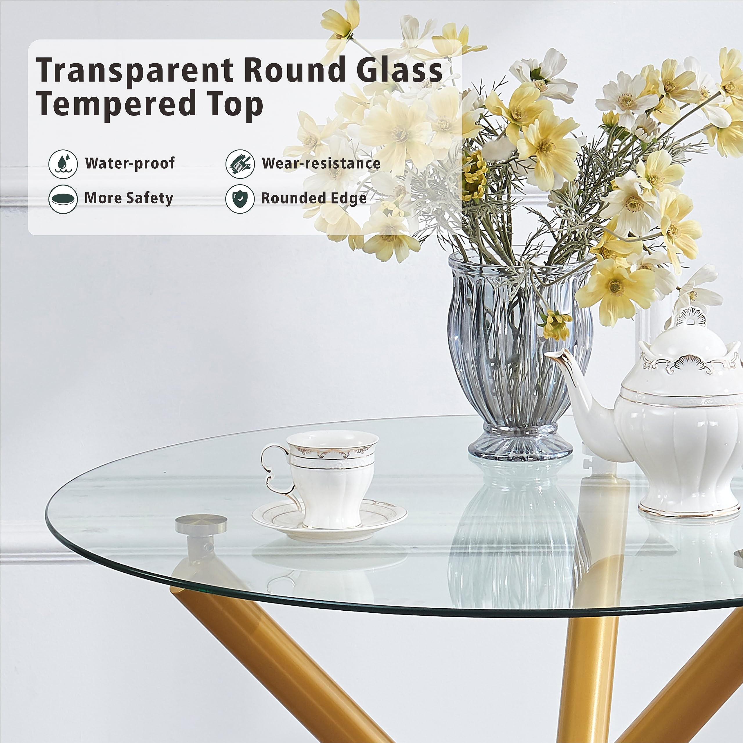 Round Glass Dnng Table Set For 4, Modern Ktchen Table Wth 4 Chrome Legs,Tempered Glass Top...