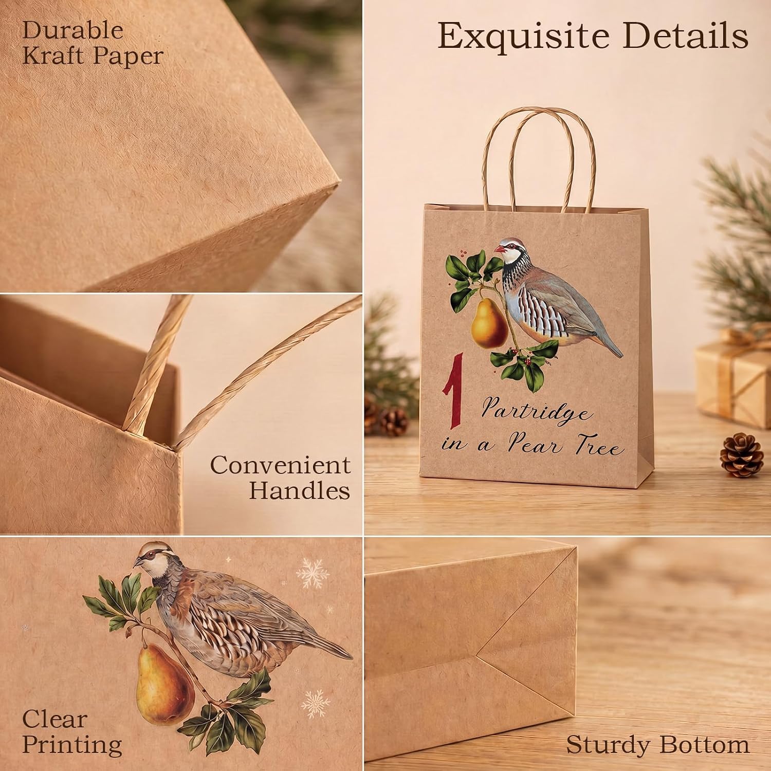 24 Pack 12 Days of Christmas Advent Calendar Gift Bags Kraft | Numbered Christmas Kraft Bag with Handles, Classic Holiday Illustrations, for Xmas Gift Wrapping, Party Favors, Holiday Decor