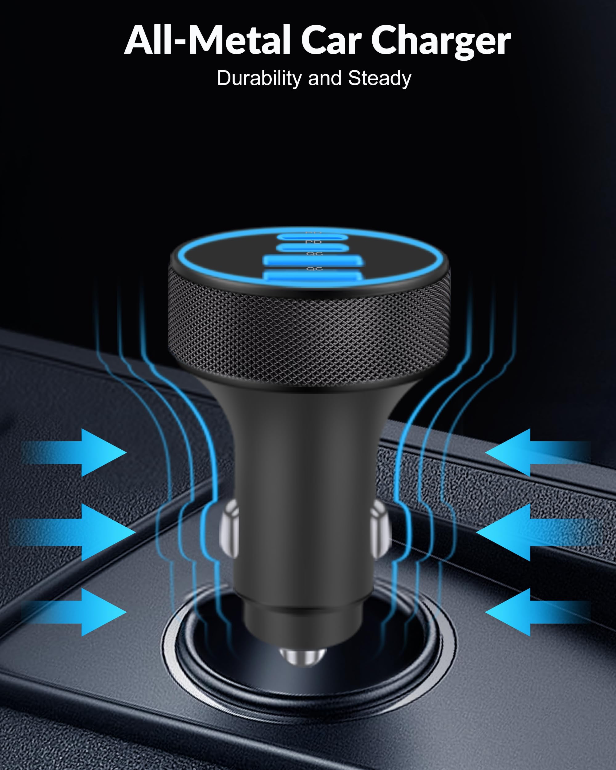 Caricabatteria da auto per iPhone 17, 16, 15 Pro Max, confezione da 2 caricabatterie da auto a 4 porte da 90 W con 4 porte USB C a ricarica rapida, accessori con cavo USB C da 240 W, 9 m, per iPhone