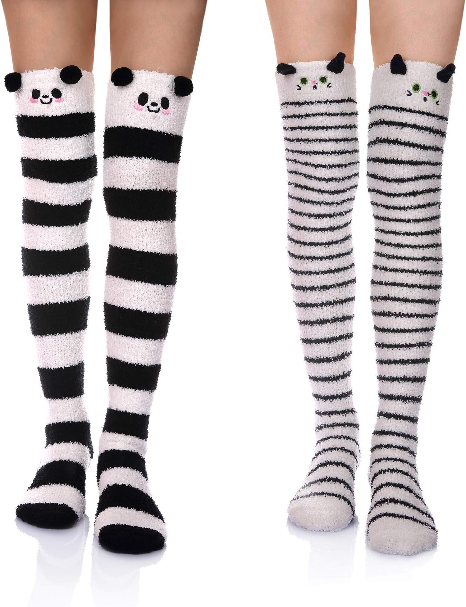 Womens Over Knee High Fuzzy Socks Cute Cartoon Thigh High Stockings Warm Stripe Leg Warmers