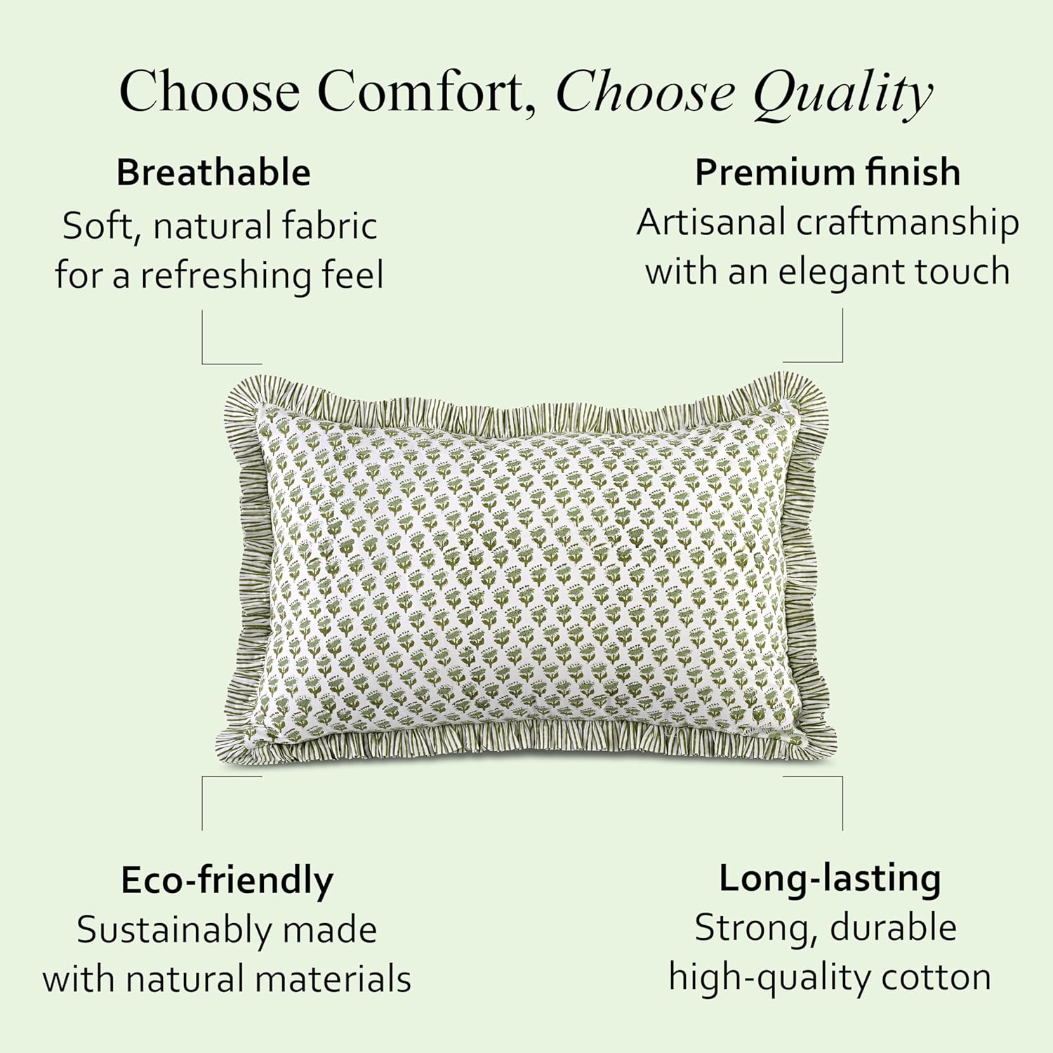 CPC Emerald Green 100% Cotton Block Print Ruffle Pillow Cover 20X30 inch Pack of 2, Handmade Boho Floral Pillowcase,Soft Decorative Queen Bed Pillow Cover for Bedroom Décor - Image 4