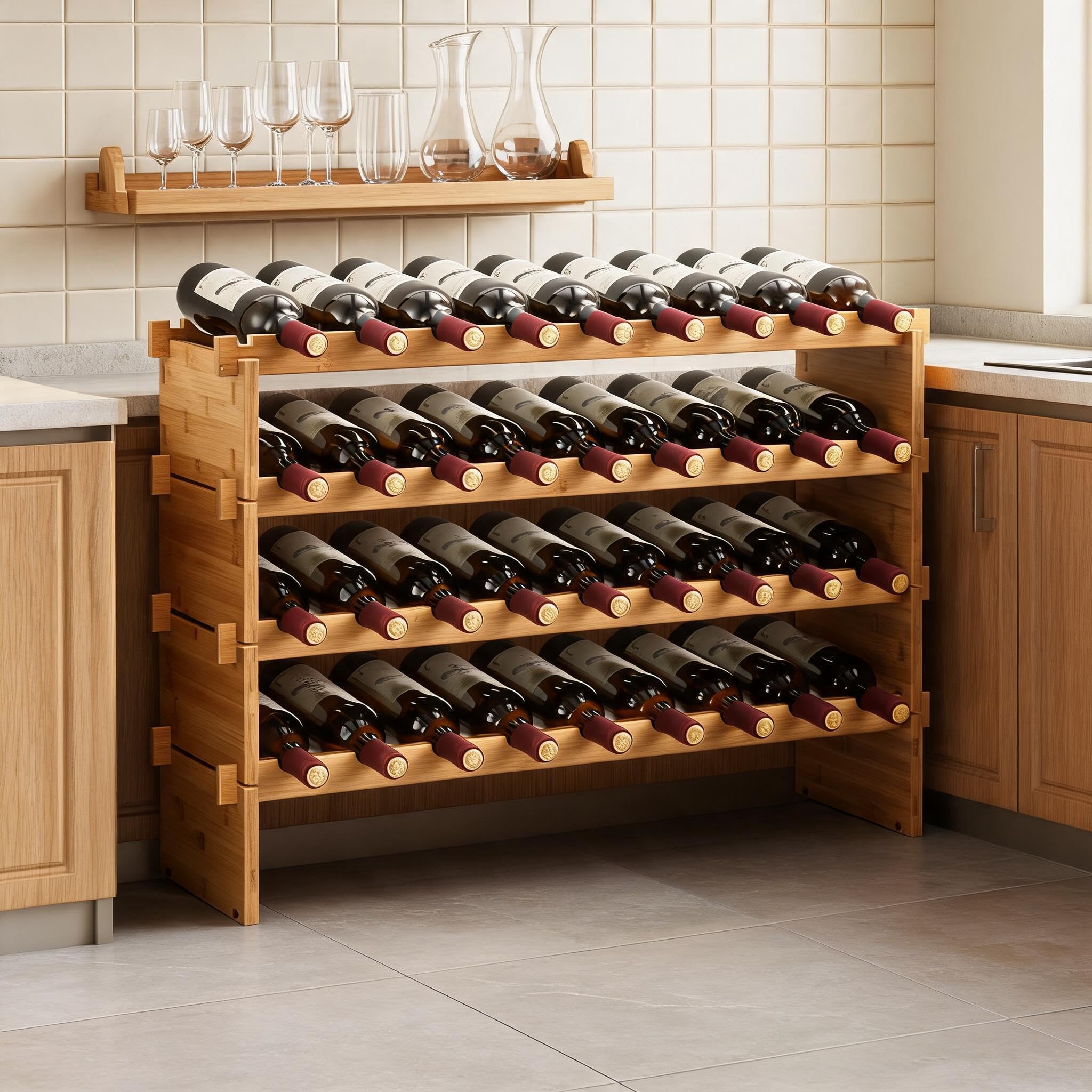 Casier à Vin En Bambou Modulable Empilable, Porte‑Bouteilles Sur Pied