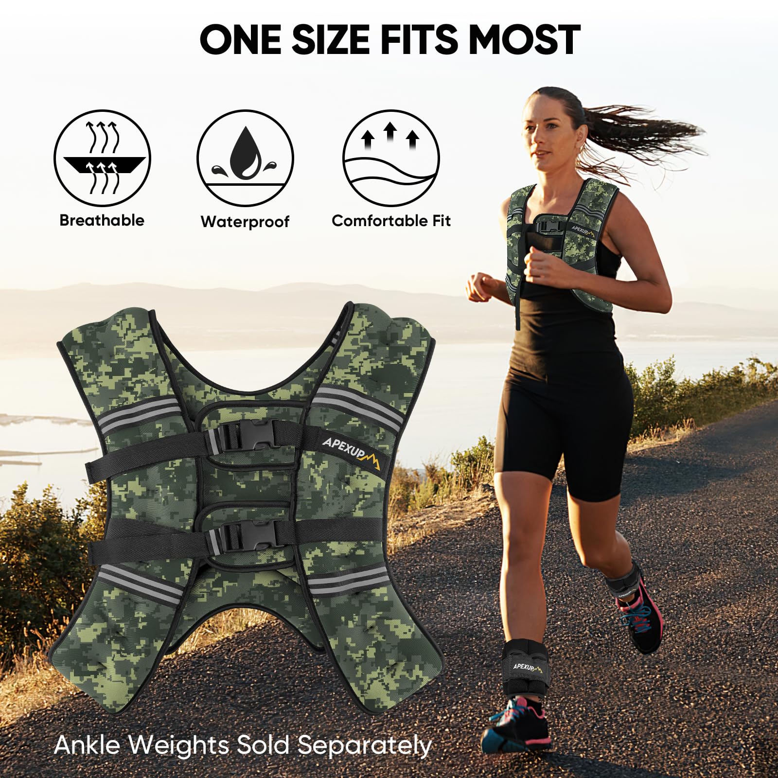 APEXUP Gewichtsweste für Herren, 11 kg mit reflektierenden Streifen, Gewichtsweste für Damen, Trainingsausrüstung für Krafttraining, Laufen (Digi Green Camo)