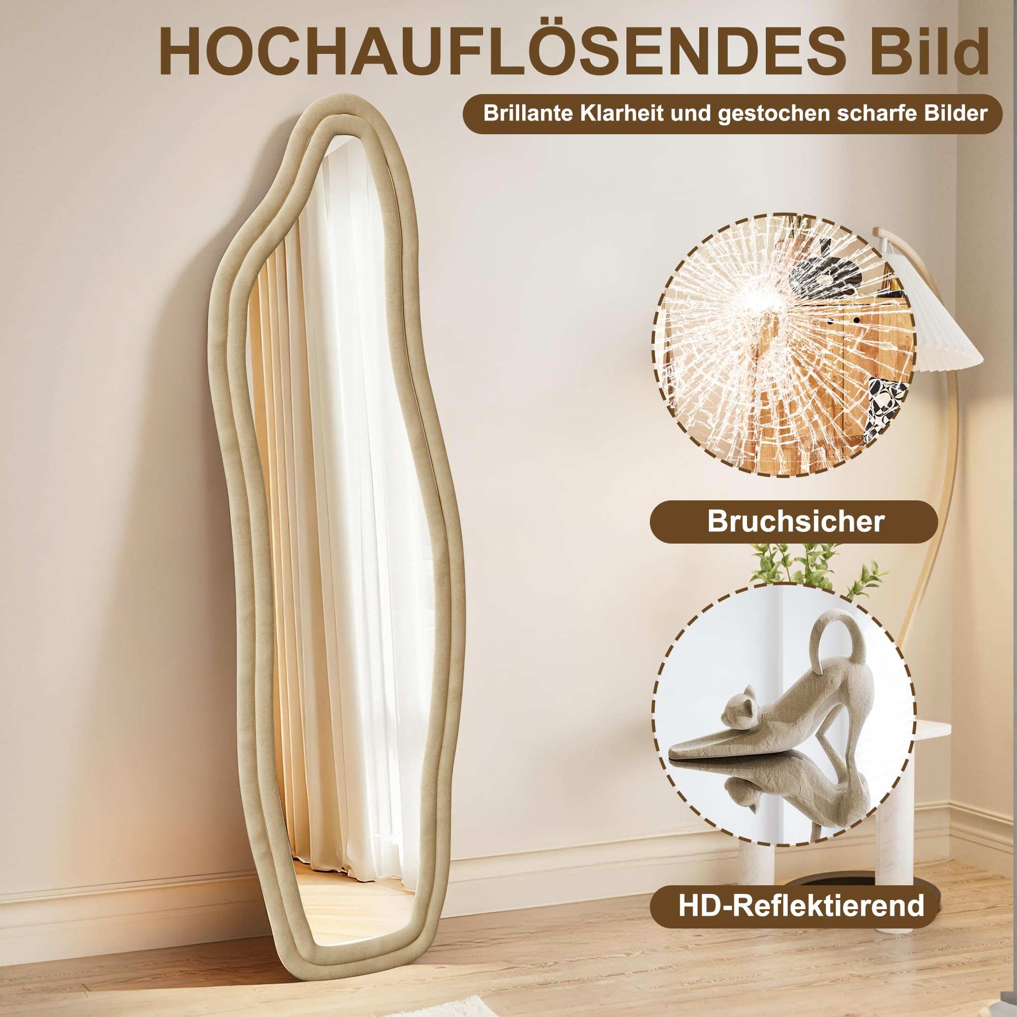 Ganzkörperspiegel, Asymmetrischer Gewölbter Bodenspiegel Groß, standspiegel aus Flanellumwickeltem Holzrahmen, Bodenspiegel, für Schlafzimmer, Wohnzimmer, Garderobe, Gold