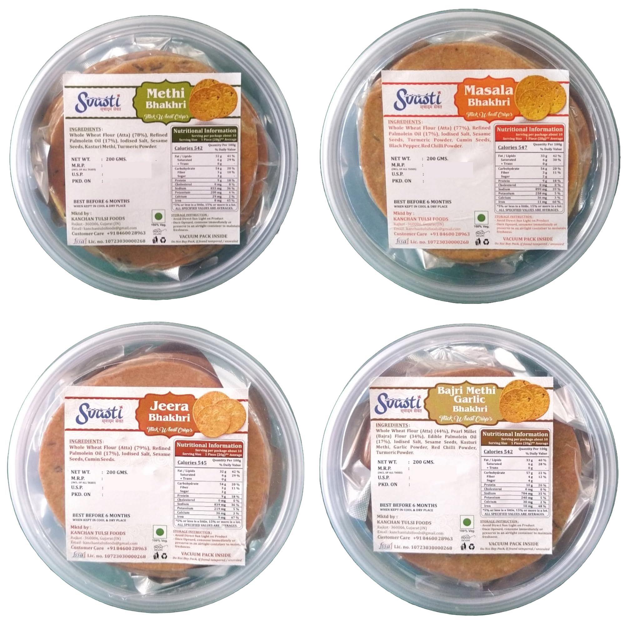 Svasti Dry Bhakri Snacks | Roasted Healthy Gujarati Snacks | No Maida | No Artificial Colours | Vacuum Packed | Whole Wheat Bhakri | Methi, Masala, Jeera, Bajri Methi Garlic Bhakhri - 200 gms (Pack Of 4)