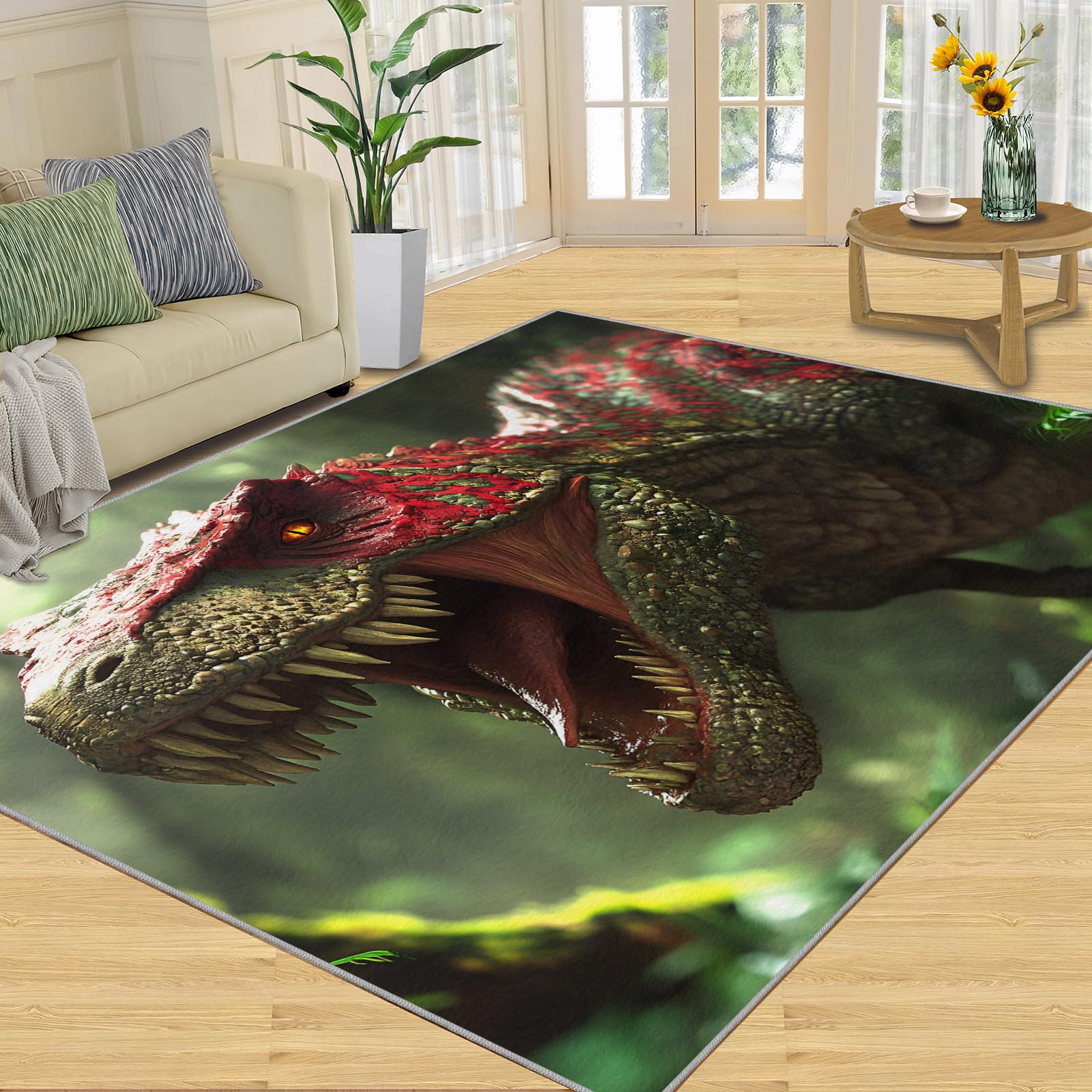FBRUIEG Tyrannosaurus Living Room Rug, Fierce Dinosaur Rugs for Bedroom, Washable Area Rug for Woman Bedside Kitchen Dining Room Decor Floor Mat 120x170cm