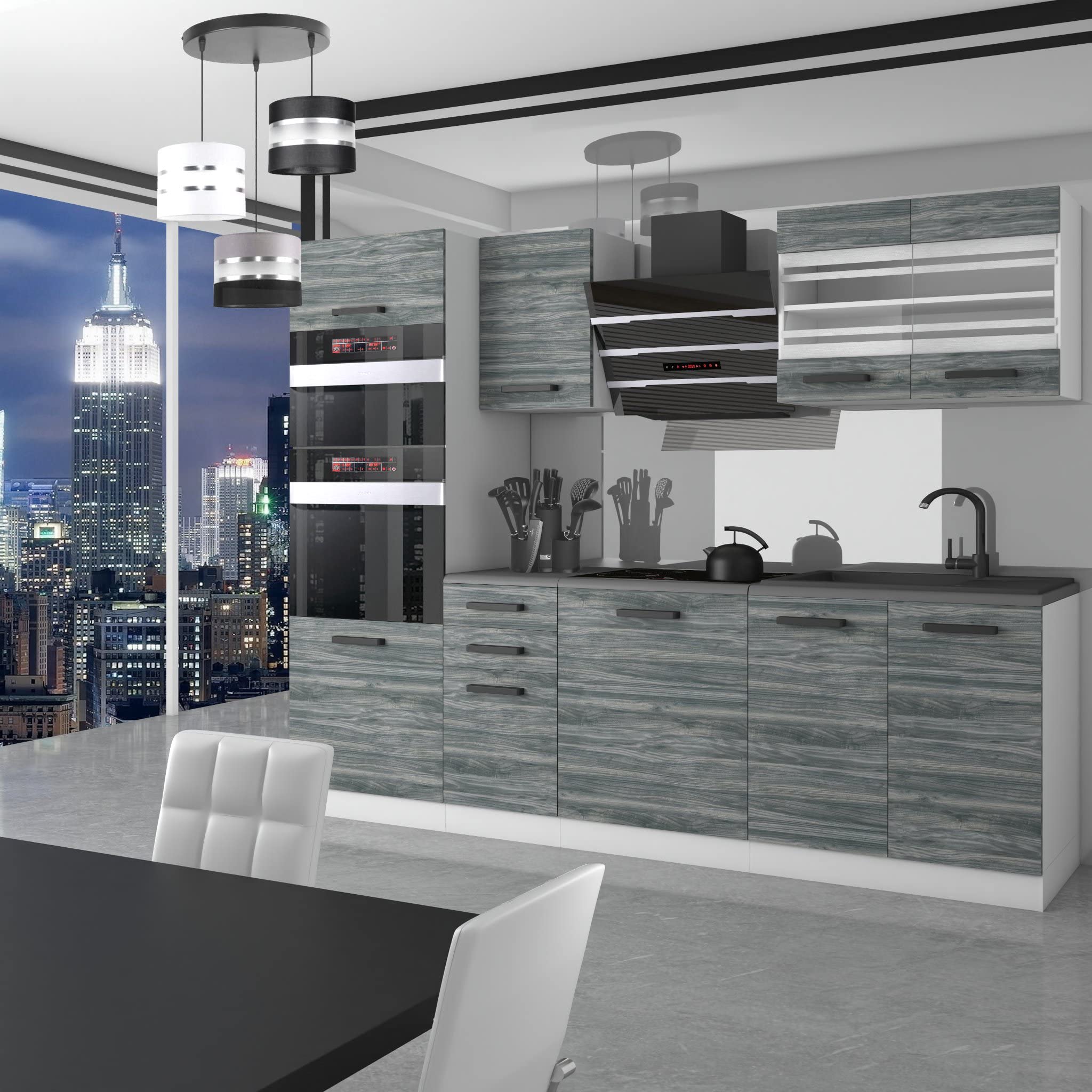 Belini cucina 240 cm Tracy, con piano di lavoro, legno, rovere Glamour | Blocco cucina mobili da cucina cucina componibile completo senza elettrodomestici con pensili e mobili bassi