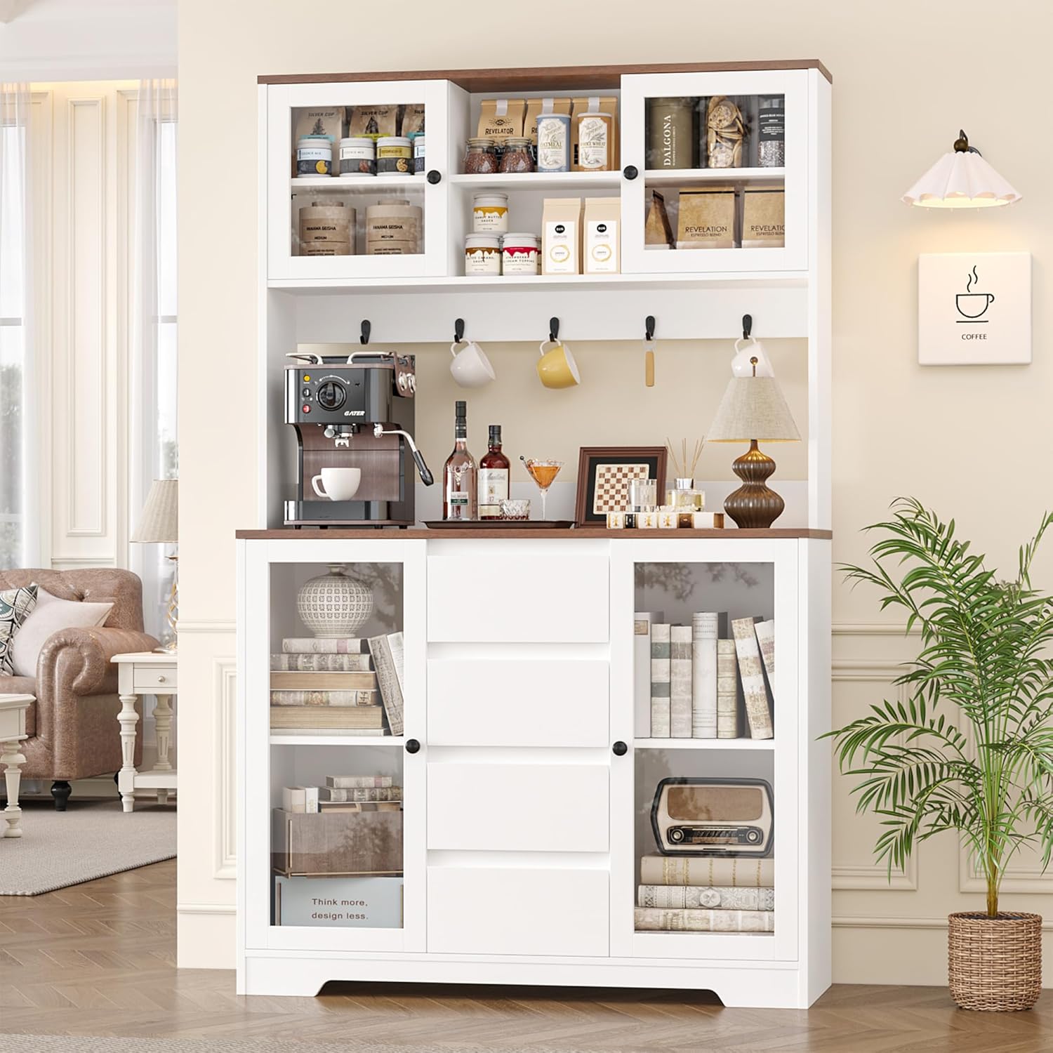 HIFIT 71" Tall Kitchen Pantry Cabinet, Kitchen Hutch Coffee Bar with 4 Drawers & 5 Metal Hooks & 4 Doors & Microwave Stand, Coffee Bar Cabinet for Living Room, Dining Room, White