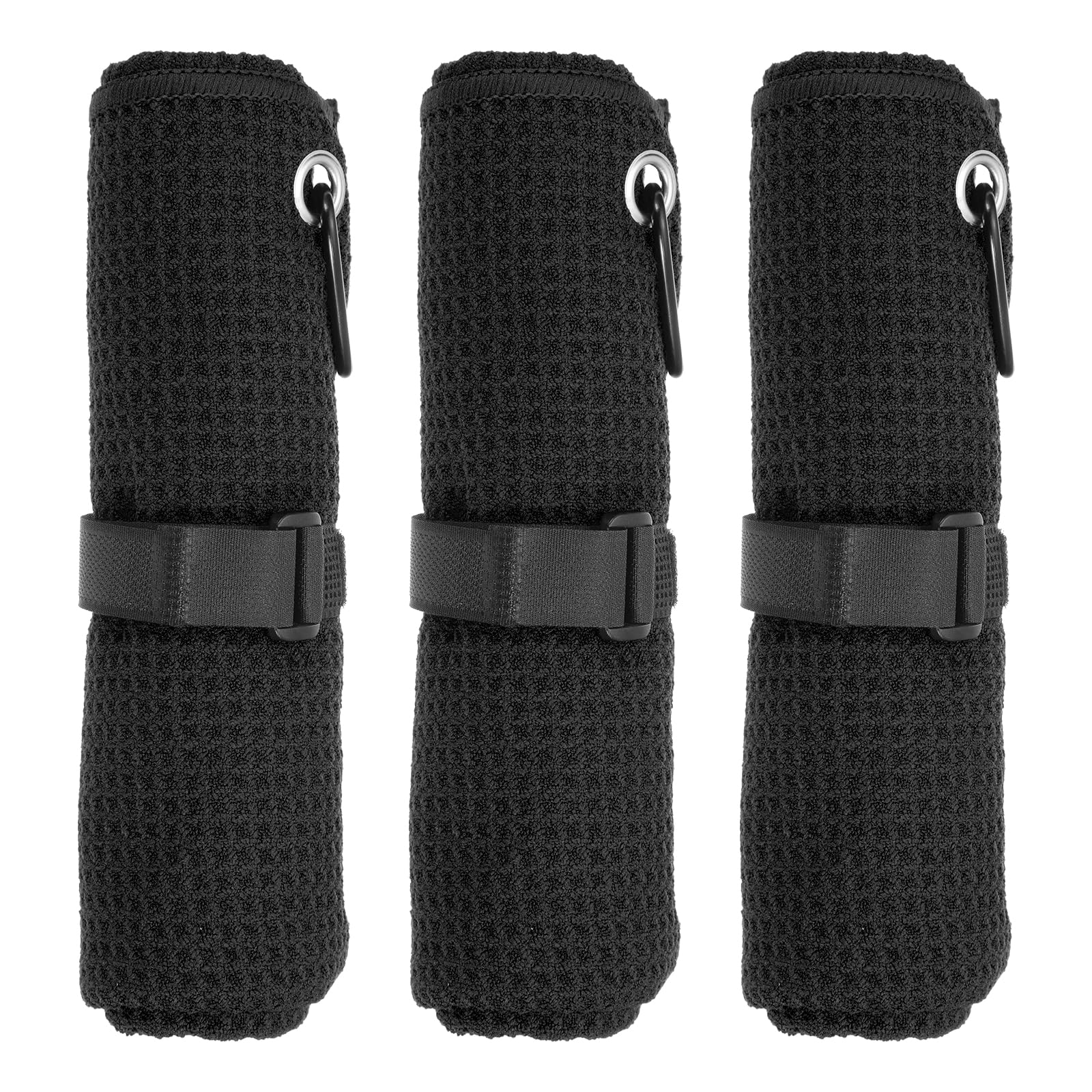 PATIKIL 24"x16" Microfiber Golf Towel, 3 Pack Tri-Fold Golf Towels Waffle Pattern Towels Absorption with D Clip, Hook and Loop Fastener, Black