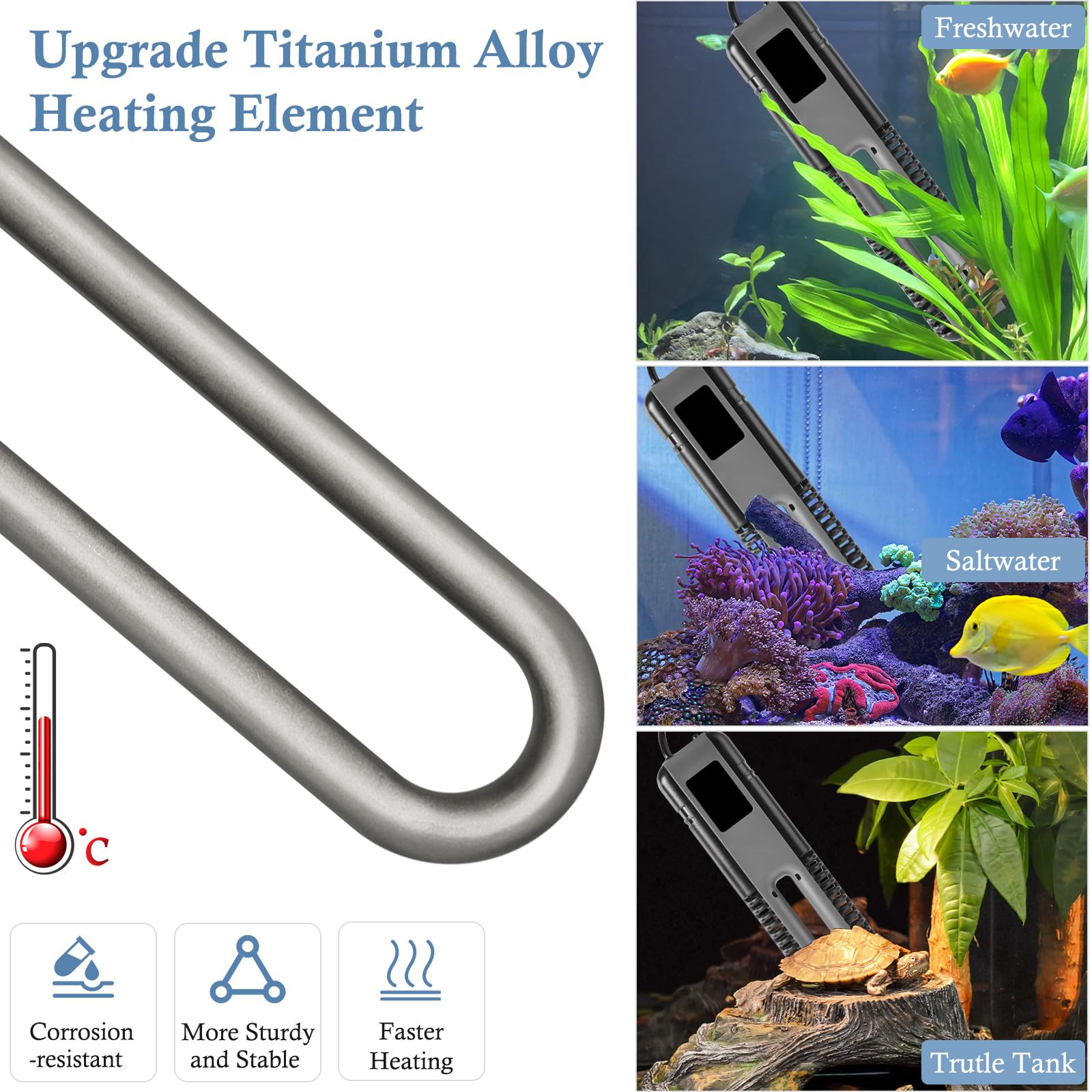 FEDOUR Calentador de acuario de titanio de 600 W y 800 W con controlador digital, calentador de acuario sumergible con protección contra sobrecalentamiento, para tanque de peces y tortugas de hasta