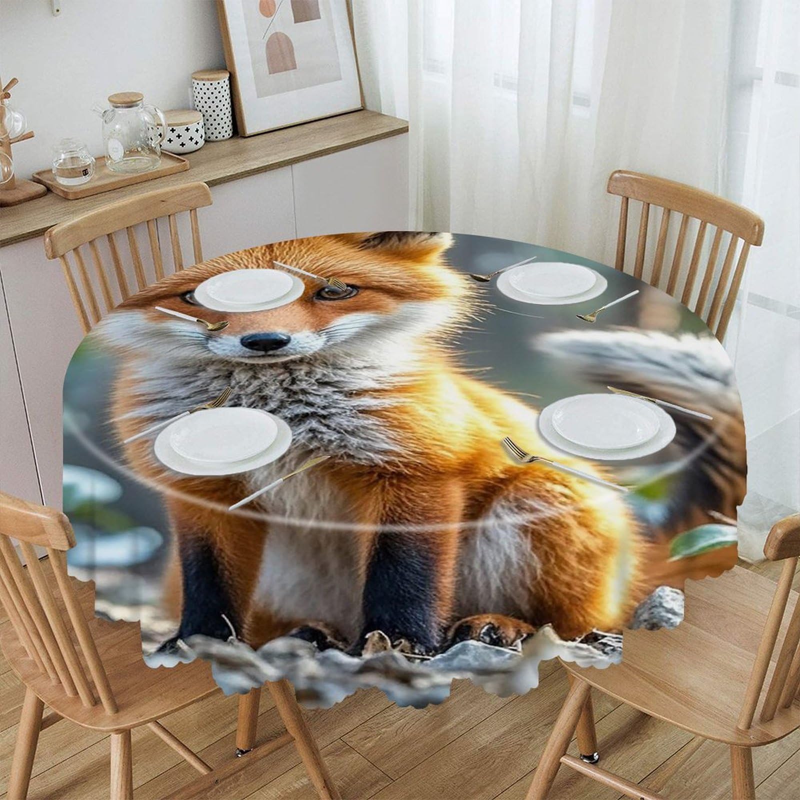 LZQPOEAS Fox Shape Theme Round Tablecloth Rustic Circle Table Cloth Wrinkle Resistant Decor Tablecloth Waterproof Washable Table Cover for Kitchen Party Dining Table 60 Inch