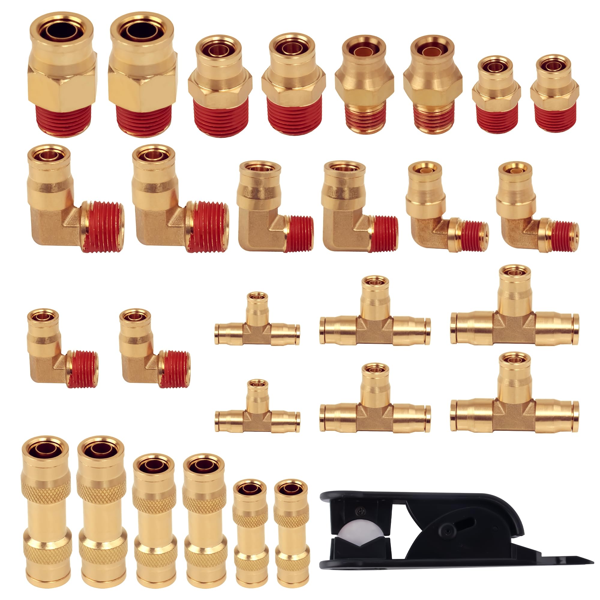 29Pcs Brass DOT Air Brake Line Fittings Assortment,1/4" 3/8" 1/2" Push to Quick Connect Fittings, Straight Union Tube Tee Connector with Tube Cutter for Trucks Trailers Brake System