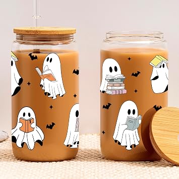 16oz Ghost Reader Halloween Cup with Lid Straw, Halloween Ghost Aesthetic Glass Can, Ghost Reader Glass Cup, Gift Idea for Book Lovers Women Sister Friends Daughter