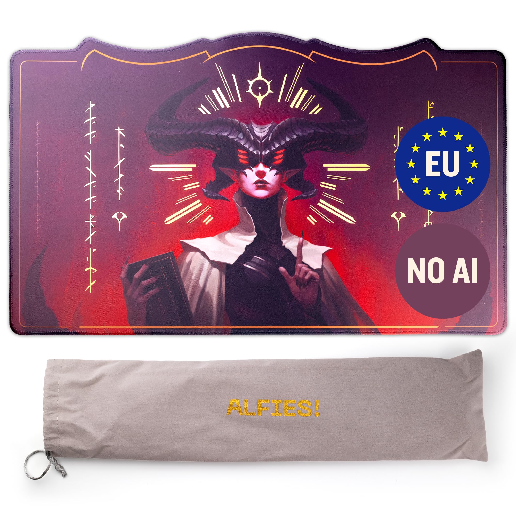 Alfies! The Whispering One MTG Spielmatte | Handgemaltes Artwork | Handgefoilte Gold-Details | In der EU entworfen | Individuelle Form | Für Magic MTG