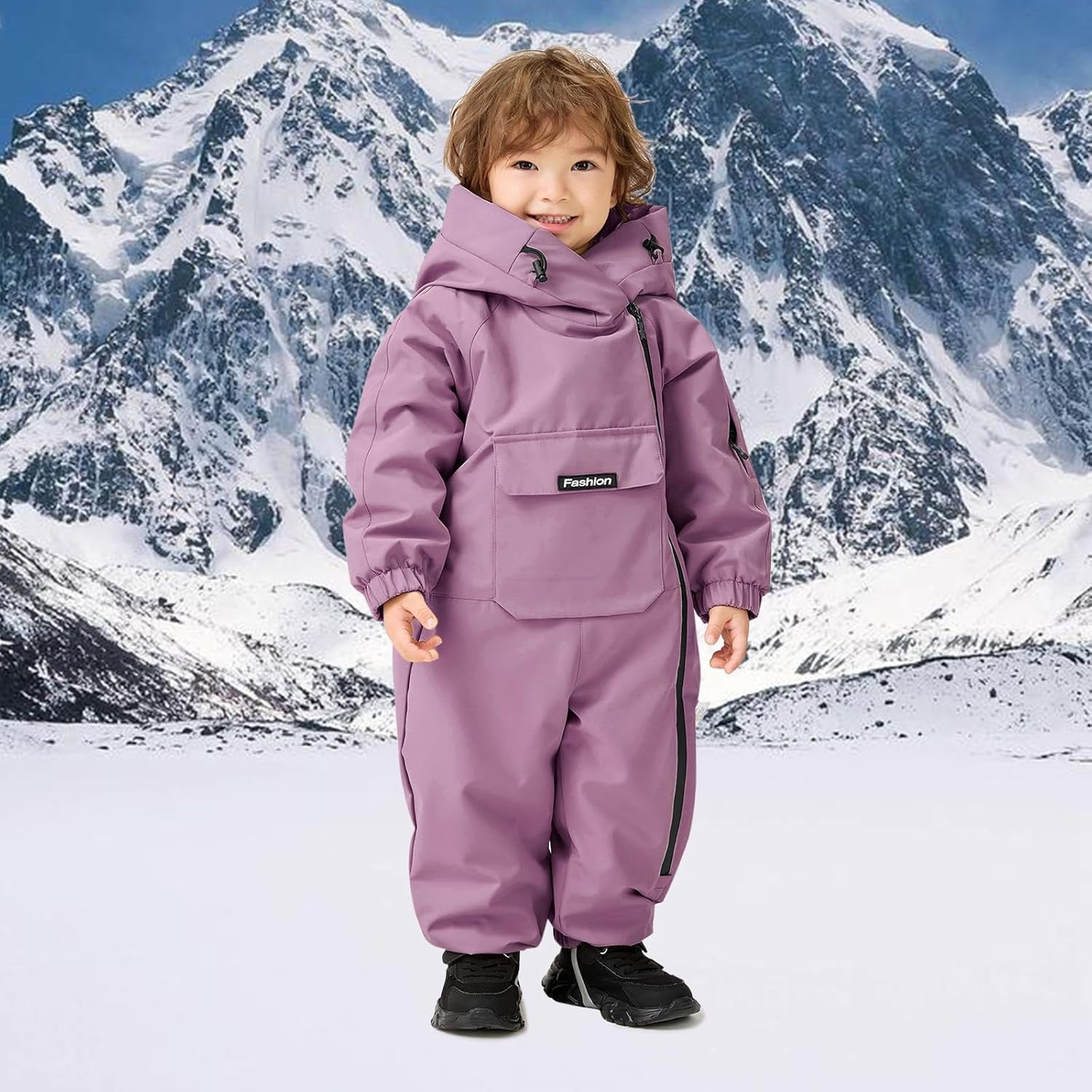 Kids Toddler One Piece Snowsuits Fleece-Lined Front Pockets Snow Ski Jumpsuits with Hood Insulated Warm Winter Suits