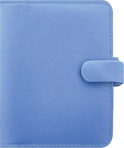 Filofax Saffiano - Organizador de bolsillo, azul Vista - Grano cruzado, aspecto de cuero, seis anillos, calendario semanal para ver, multilingüe,