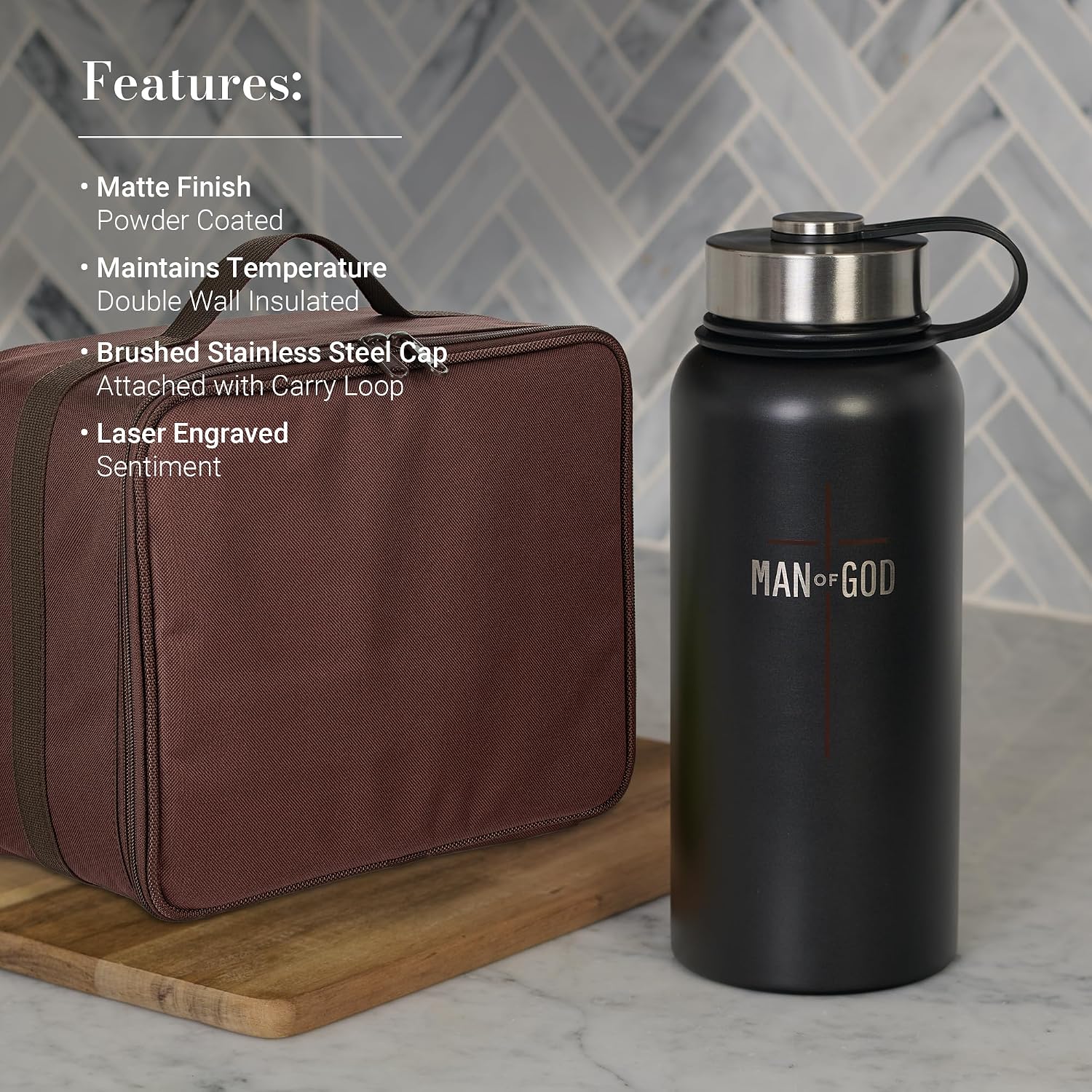 Christian Art Gifts Large Inspirational Scripture Stainless Steel Double-Wall Vacuum Sealed Water Bottle for Men: Man of God Encouraging Bible Verse, Laser Engraved, Easy Twist Cap, Black, 32 oz.