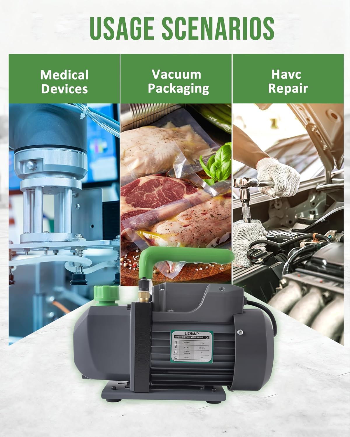 Lichamp Vacuum Pump, 4.5 cfm 1/3 HP HVAC Single Stage Vacuum Pump for R134a R410a R22 R12, for Automotive Air Conditioner Refrigerant, Oil Included, Cool Gray