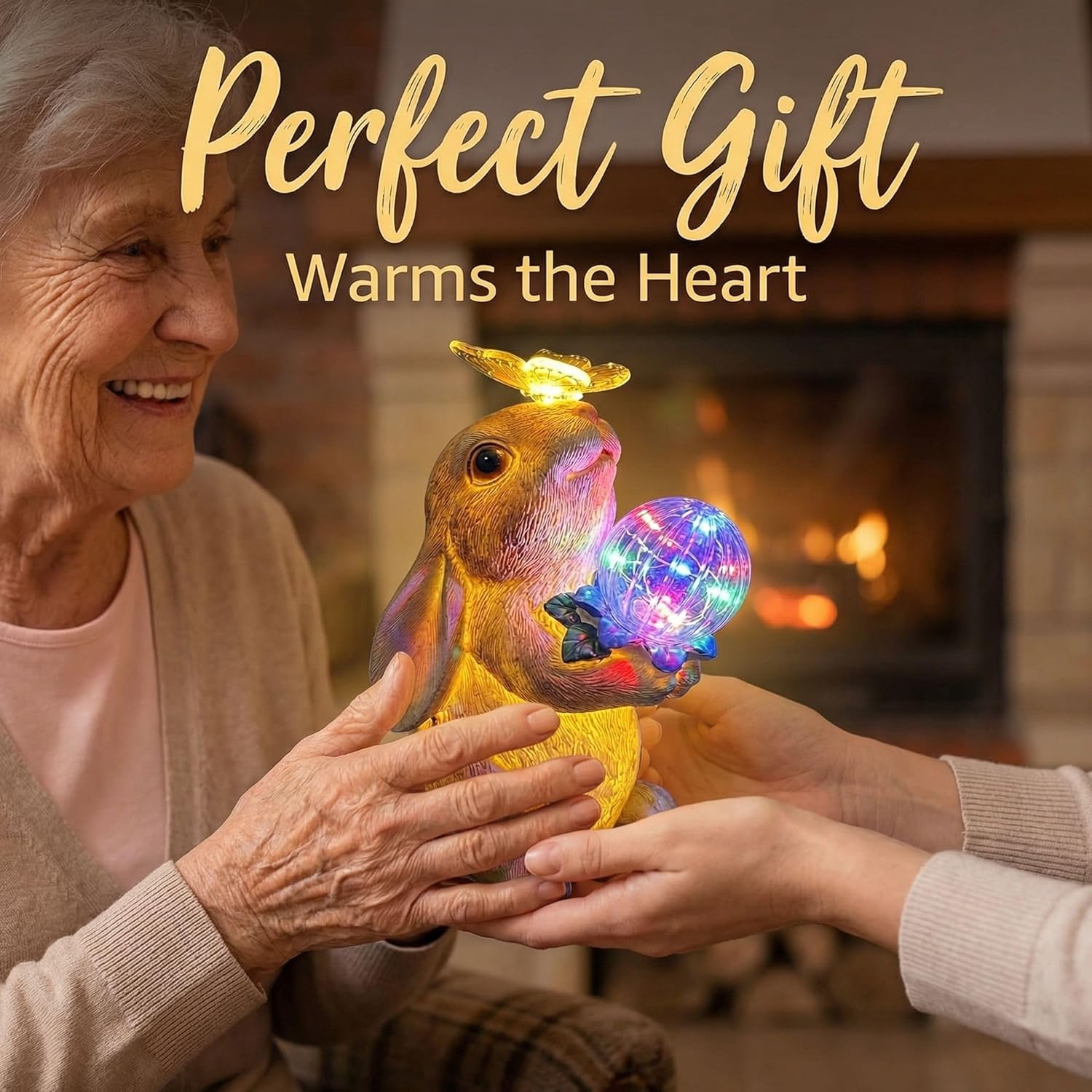 Solar Bunny Garden Statue Outdoor Decor, Glowing Rabbit Figurine with Warm Light Body, Color-Changing Butterfly and Multicolor LED Orb, for Mom Grandma Women Patio Lawn Yard
