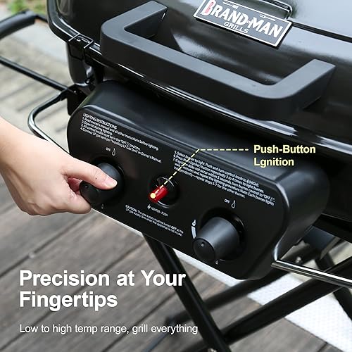 Miniatura 7 de Brand-Man - Parrilla portátil de gas propano con carrito plegable y botón de encendido, diseño de pie para campamento, portón trasero, barbacoa en