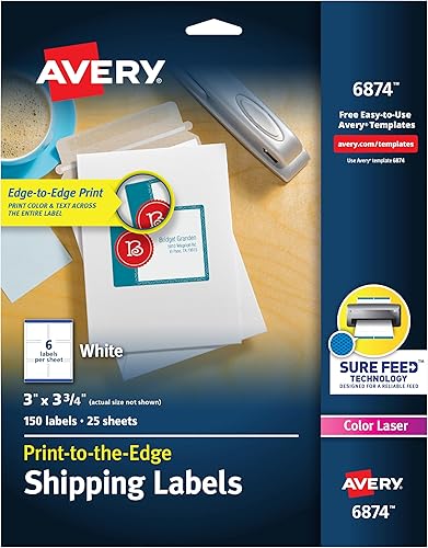 Avery Etiquetas de envío imprimibles con alimentación segura, 3 x 3.75 pulgadas, blancas, 150 etiquetas de correo en blanco (6874)