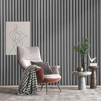 Snewvie Grey and Black Wallpaper Natural Wooden Slats Panelled Geometric Wooden Wallpaper Wood Effect Modern Realism Removable Feature Wall Paper for Bedroom Living Room Hallway Stairs Lounge