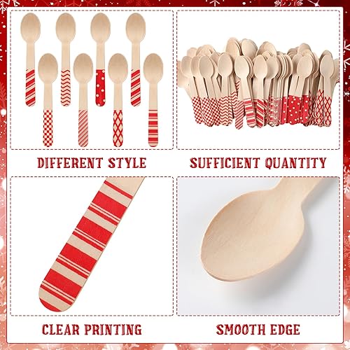 Miniatura 3 de Uiifan 120 cucharas de madera desechables de Navidad de 5.5 pulgadas, cucharas a rayas con rayas rojas, patrones de bastón de caramelo para degustar