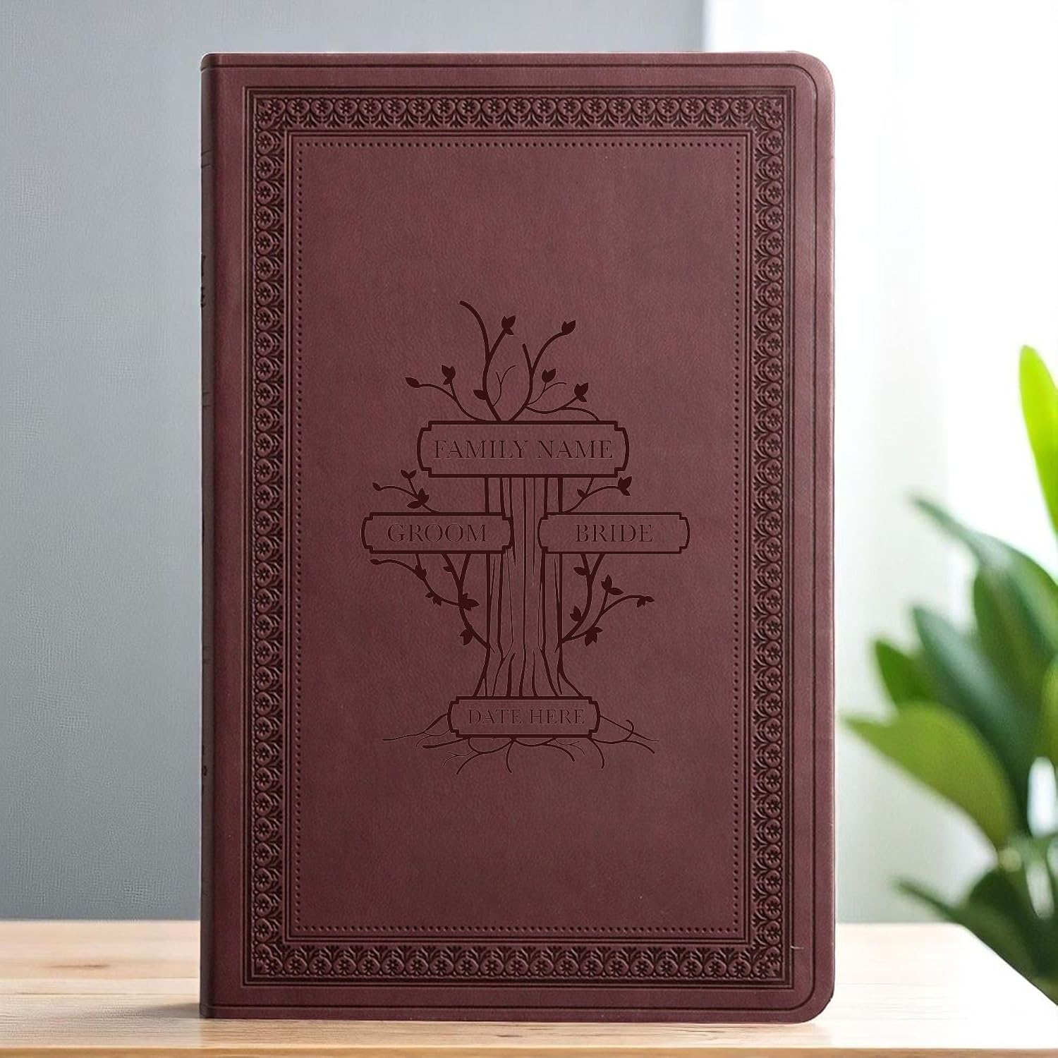 Personalized ESV Faux Leather Large Text Bible | Custom Full Cover Family Tree Wedding Theme Engraved in Dark Plum | English Standard Version Translation Holy Bible with Lay Flat Design | Purple Plum