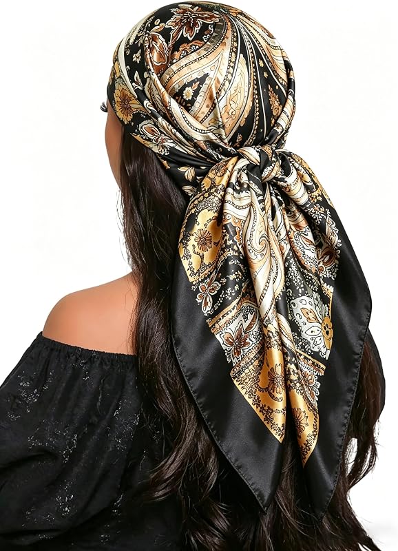 35'' Floral Print Head Scarf for Women Satin Large Lightweight Bandana