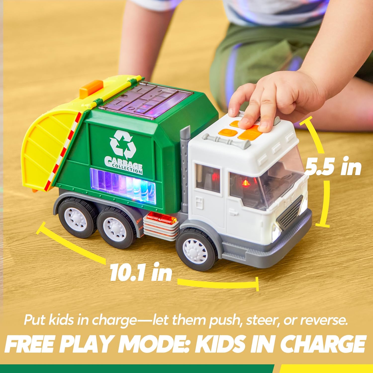 Vroomix LED Garbage Truck Toy Set Includes Dumpster, Toy Truck with Mode Switch & Volume Control, Trash Vehicle with Lights and Sounds, Automatic Bump, Birthday Gift for Boys Girls