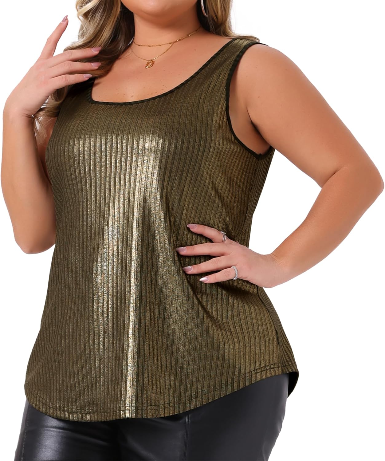 Agnes Orinda Plus Size Women's Metallic Tank Top Sleeveless Square Neck Holographic Shiny Party Disco Sparkly Tops