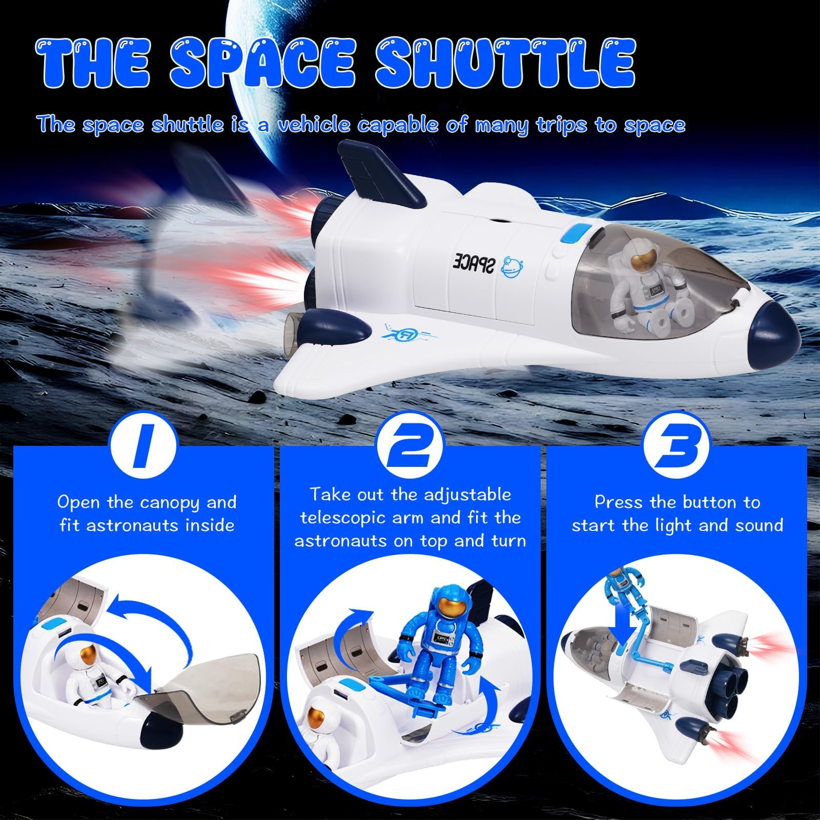 Jouet de navette spatiale pour enfants, jouet de vaisseau spatial avec effets lumineux et sonores, jouet spatial avec station spatiale, navette spatiale, rove spatiale et astronautes