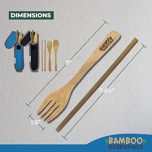 Miniatura 5 de Juego de utensilios de viaje de bambú  Tenedor de bambú, cuchillo, cuchara, palillos, pajilla, cepillo de limpieza para pajilla, bolsa de viaje y