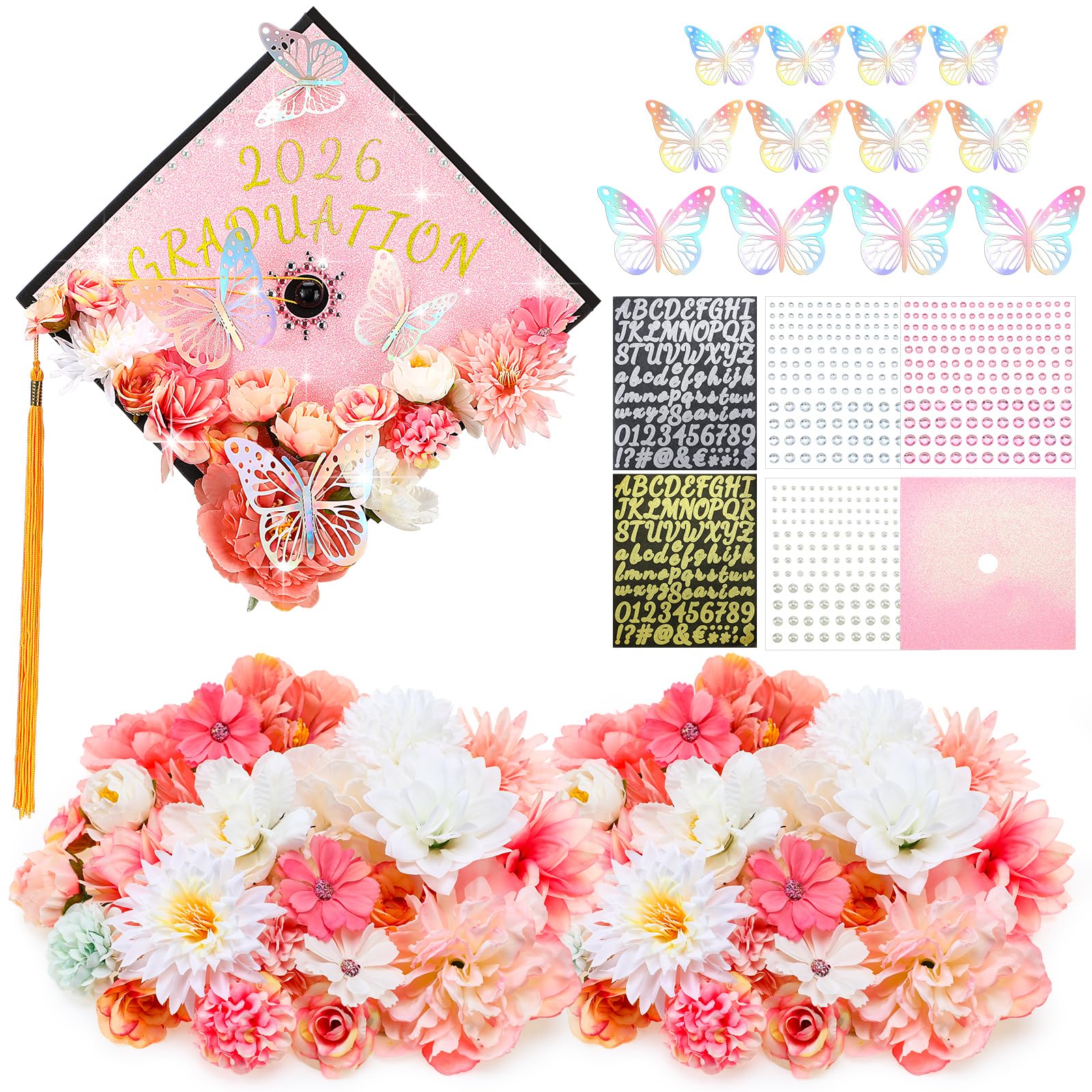 Wavwavw 44 piezas de decoración de gorra de graduación, kit de accesorios rosas con flores artificiales 3D, calcomanías de mariposa 3D, calcomanías de perlas de diamantes de imitación, calcomanías de