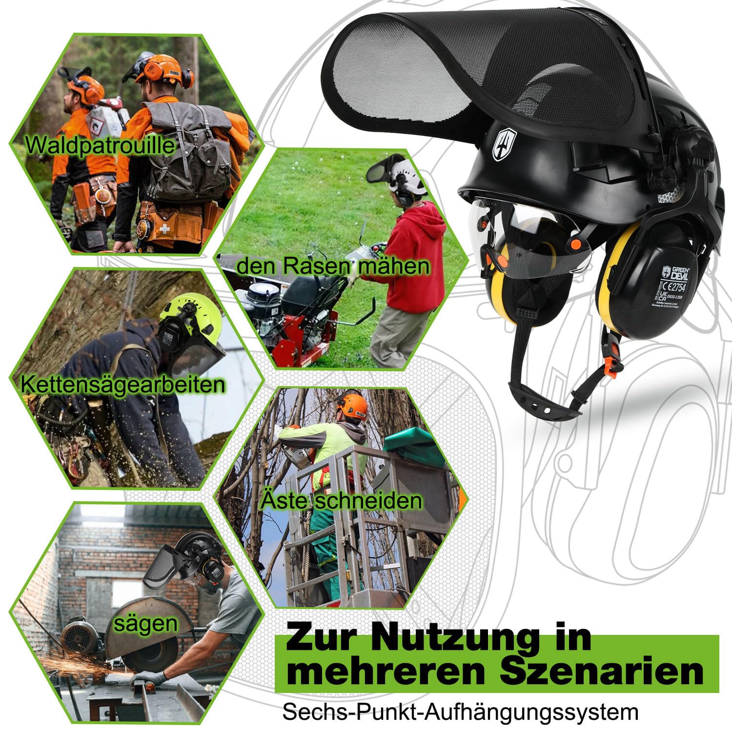 GREEN DEVIL Casque de protection pour tronçonneuse - Certifié EN397 - Système 5 en 1 avec protection du visage en maille - Visière et cache-oreilles intégrés - Ventilé - Pour le travail du bois et le