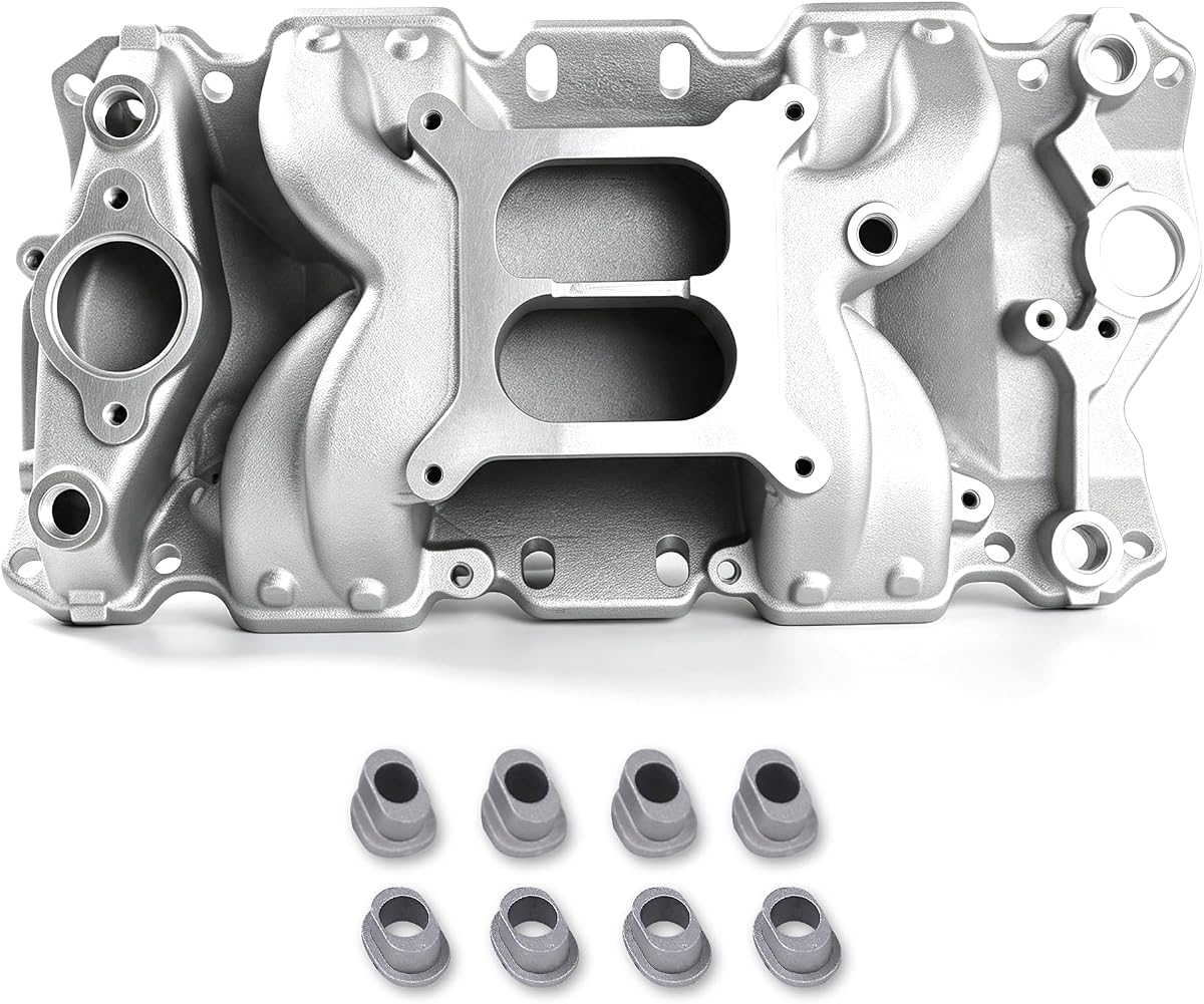 7501 52026 Dual Plane Air-Gap Intake Manifold for SBC V8 Silver | Compatible with Chevy Small Block 262-400 SBC 305 350 V8 1955-1986 1,500-6,500 RPM