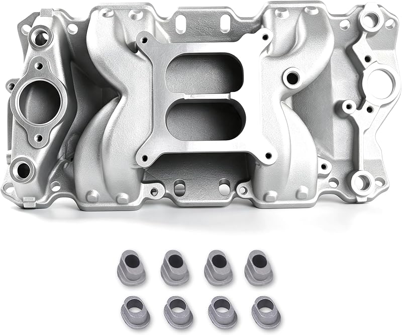 7501 52026 Dual Plane Air-Gap Intake Manifold for SBC V8 Silver | Compatible with Chevy Small Block 262-400 SBC 305 350 V8 1955-1986 1,500-6,500 RPM
