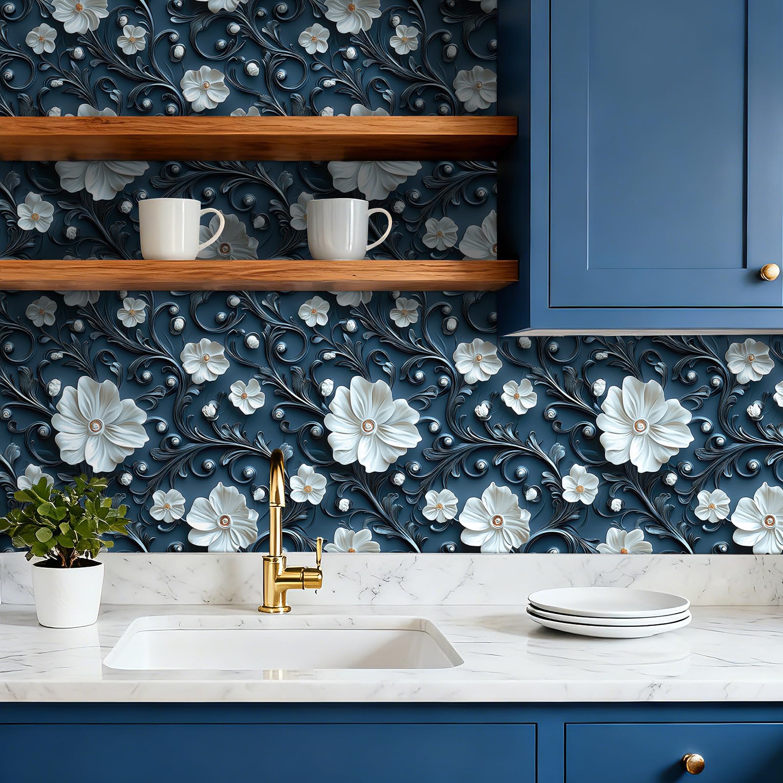 ReWallpaper Carta Da Parati Bianco e Blu Fiori 3d Effetto 44.5CMx7M Lavabile Carta Adesiva per Pareti Bagno Lavanderia Blu Pellicola Adesiva Mobili Cassetti Vinile Rivestimento Adesivo Floreale