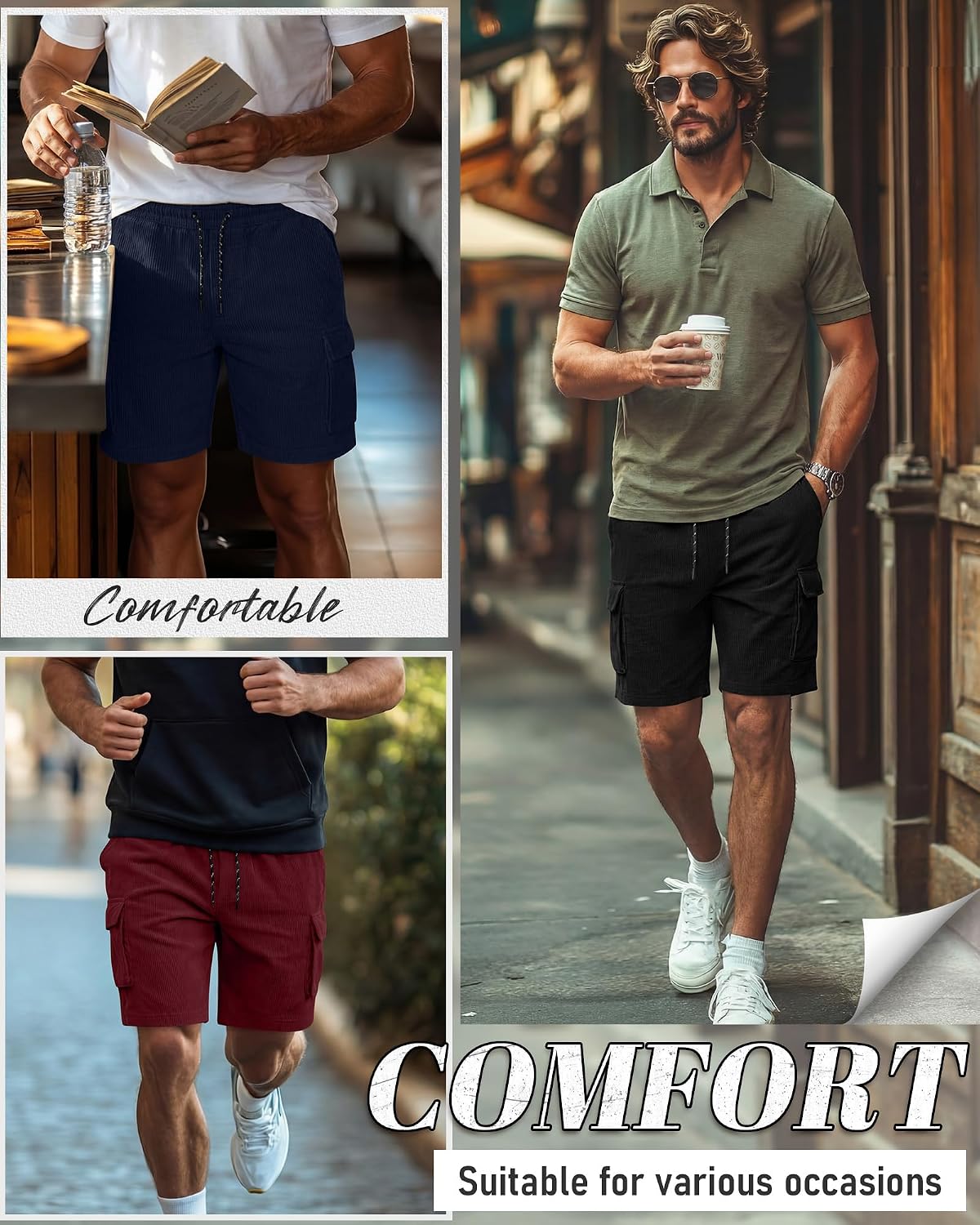 Ficerd 3 Pack Men's Corduroy Cargo Shorts Casual Elastic Waist Drawstring Summer Beach Lightweight Loose Fit with 4 Pockets(Wine Red, Navy Blue, Black,X-Large)