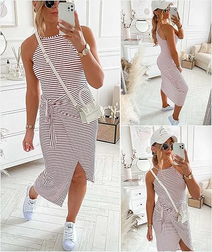 Miniatura 3 de NOLLSOM Vestidos Midi Tank Casuales Sin Mangas a Rayas para Mujer con Cuello Halter Fruncidos Bodycon con Lazo en la Cintura Vestido de Camiseta