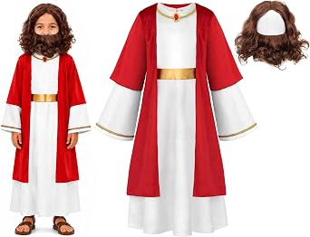 ReliBeauty Jesus Costume for Kids,Robe with Wigs and Beards